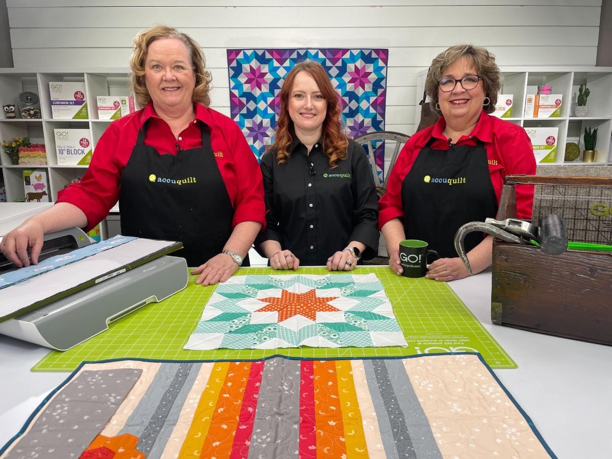 Joy co-hosting an AccuQuilt live event with Pam and Erica
