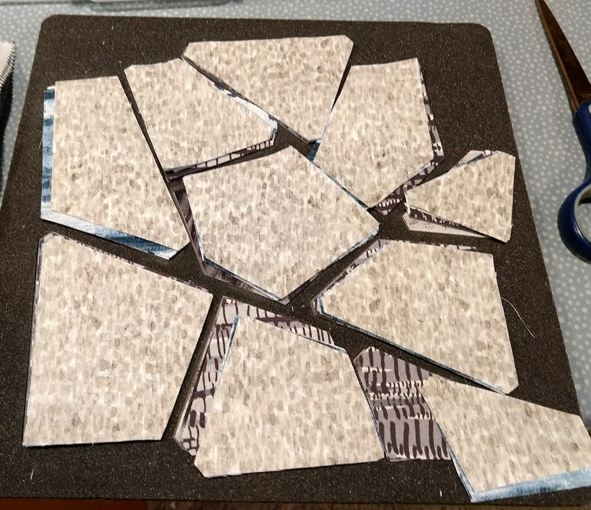 AccuQuilt GO Crazy Quilt block die with cut Michael Miller Fabric strata pieces.