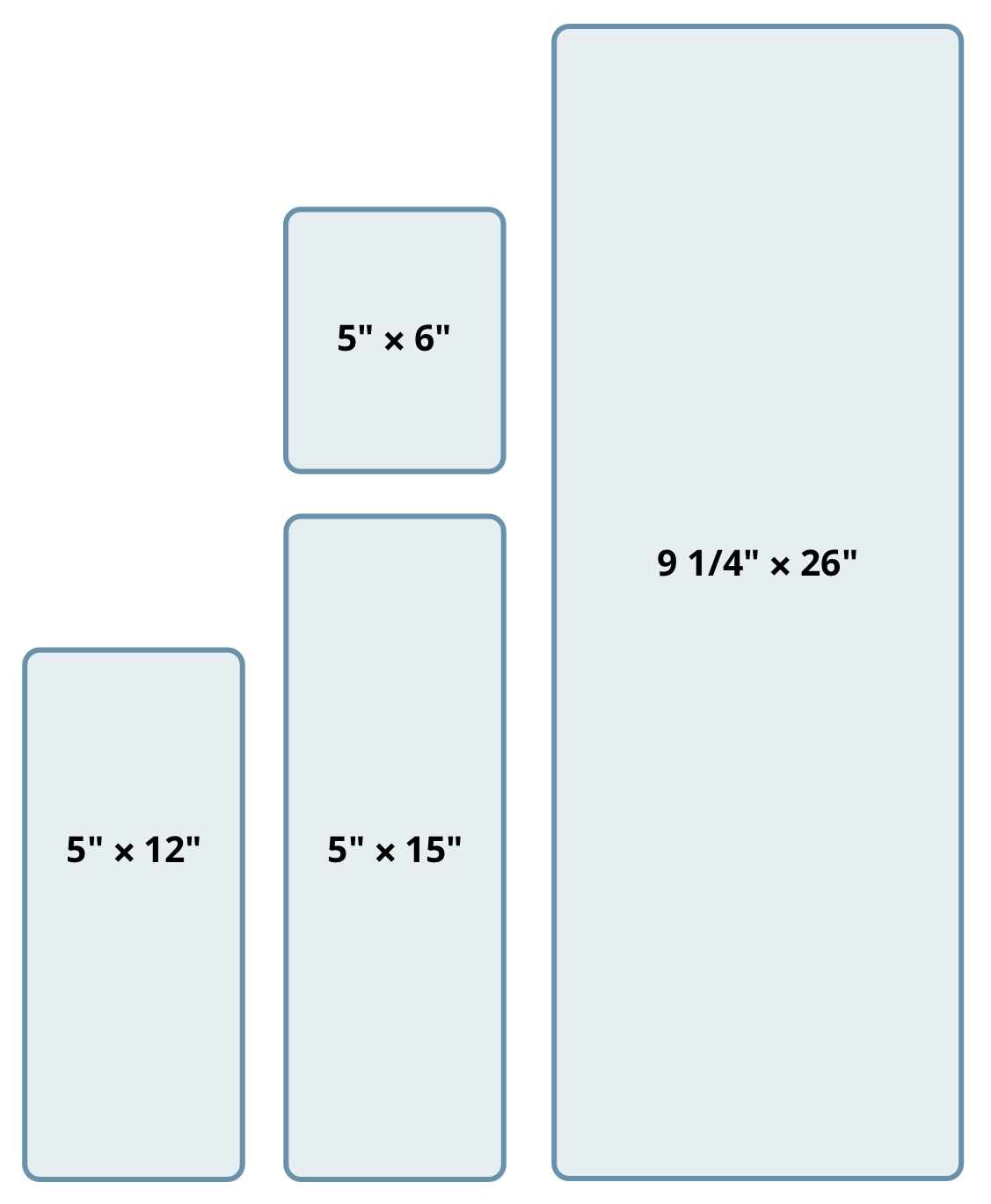 die sizes: 5" &times 6", 5" &times 12", 5" &times 15", 9 1/4" &times 26"